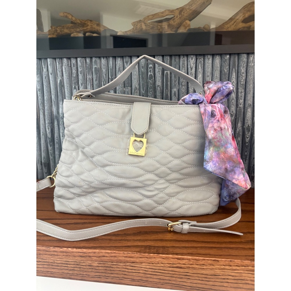 Betsey Johnson Grey Quilted Satchel Heart Lock Scarf Accent Crossbody NWOT